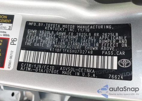 2017 Toyota Camry Le z USA, uszkodzony, nr VIN 4T1BF1FK6HU702748